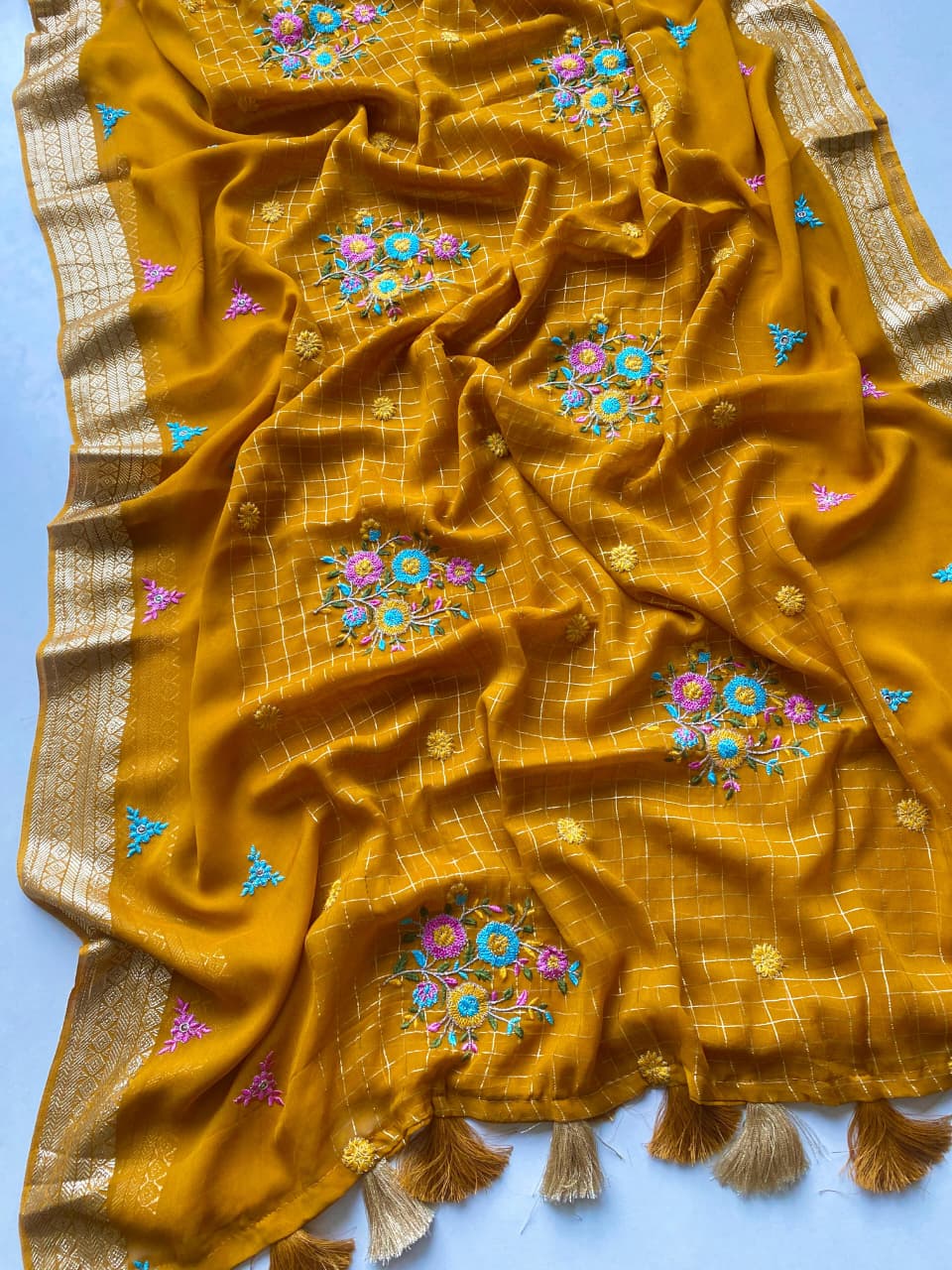 Prettiest Yellow Embroidery Work Pure Georgette Saree With Allure Blouse Piece