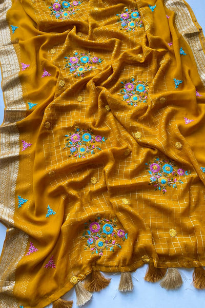 Prettiest Yellow Embroidery Work Pure Georgette Saree With Allure Blouse Piece