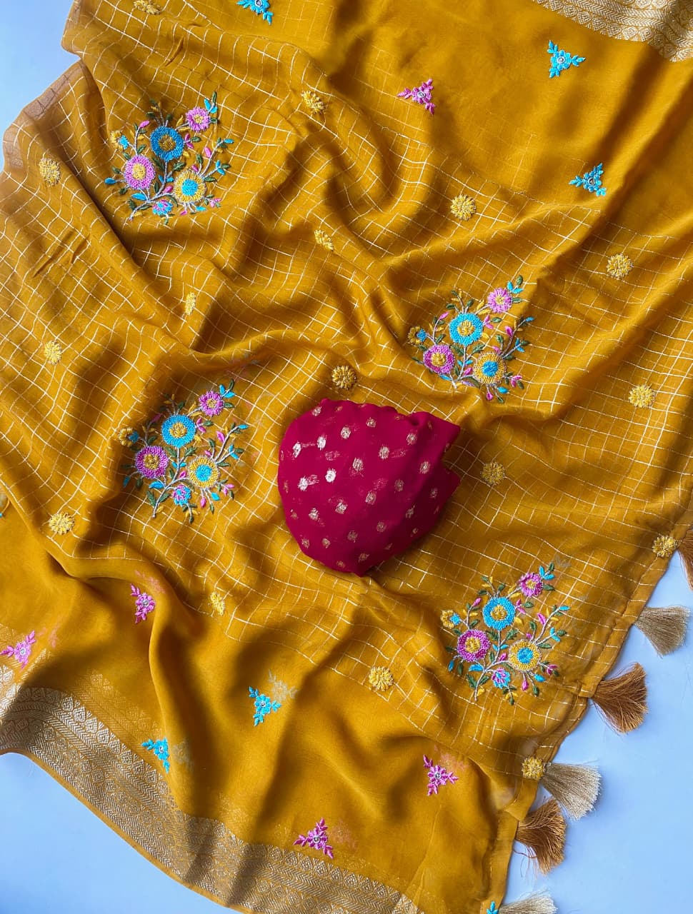 Prettiest Yellow Embroidery Work Pure Georgette Saree With Allure Blouse Piece