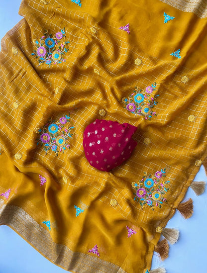 Prettiest Yellow Embroidery Work Pure Georgette Saree With Allure Blouse Piece