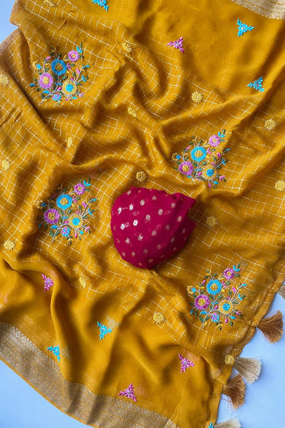 Prettiest Yellow Embroidery Work Pure Georgette Saree With Allure Blouse Piece