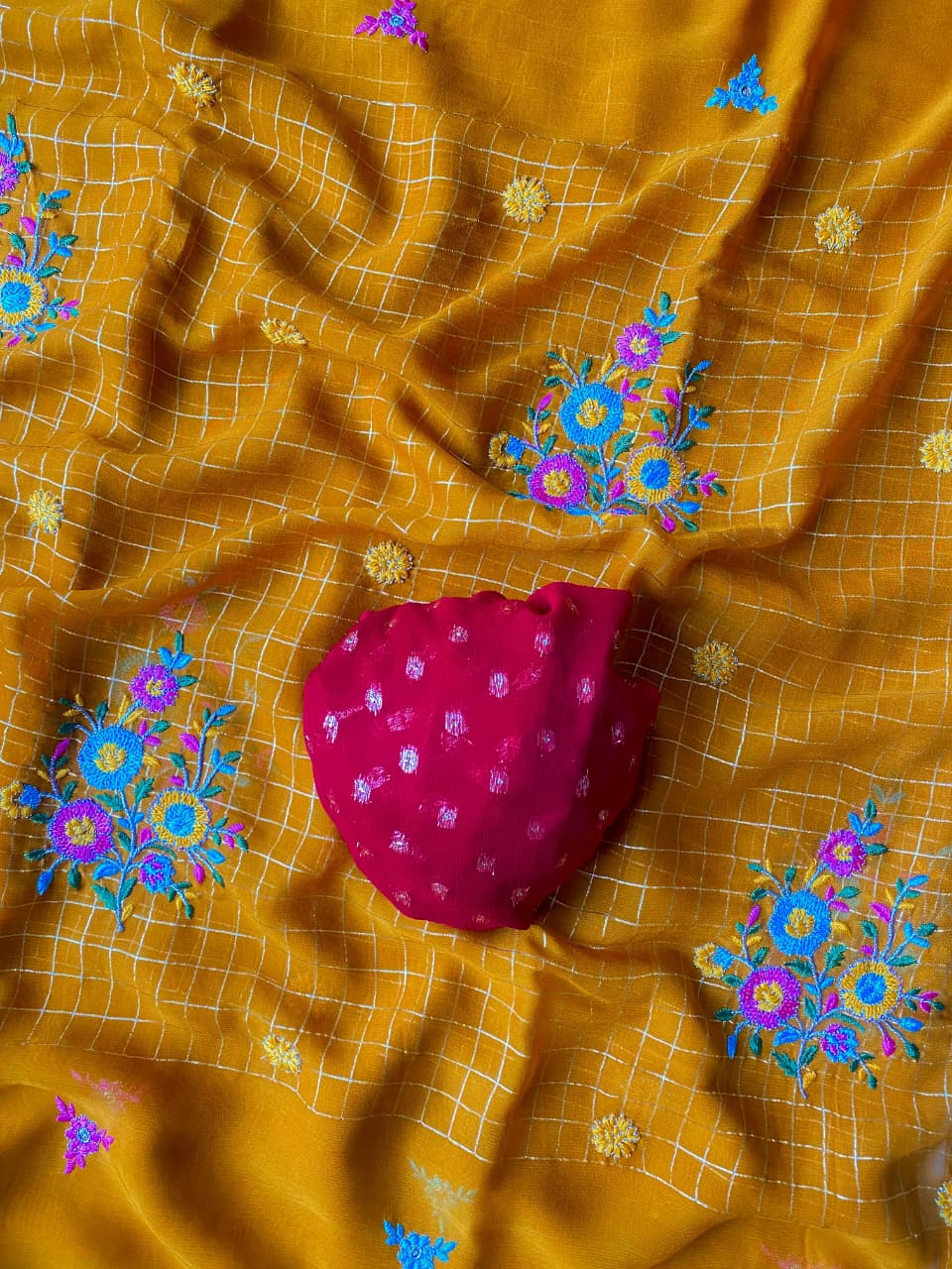 Prettiest Yellow Embroidery Work Pure Georgette Saree With Allure Blouse Piece