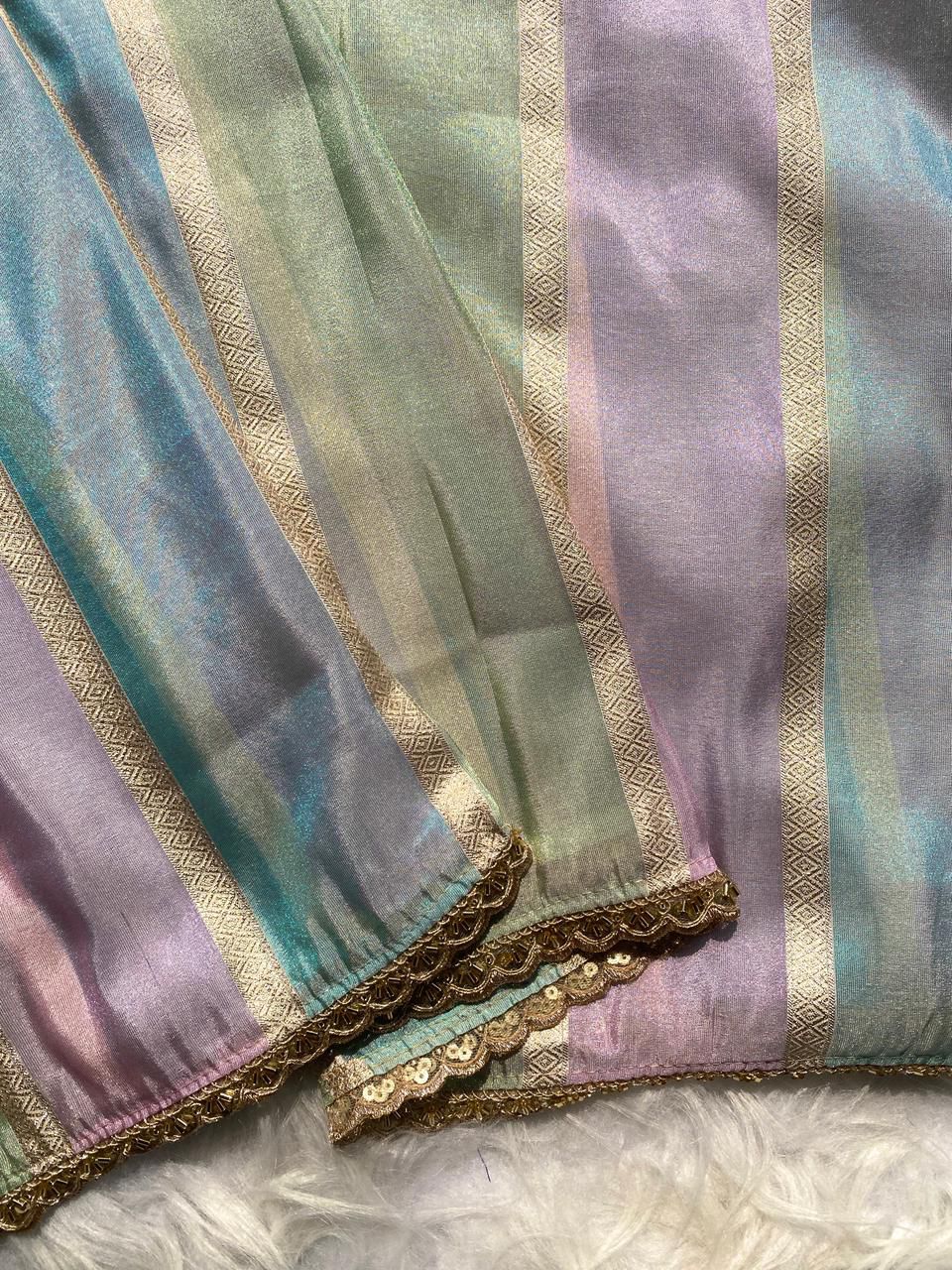 Magnetic Multicolor Soft Banarasi Tissue Silk Saree With Classy Blouse Piece