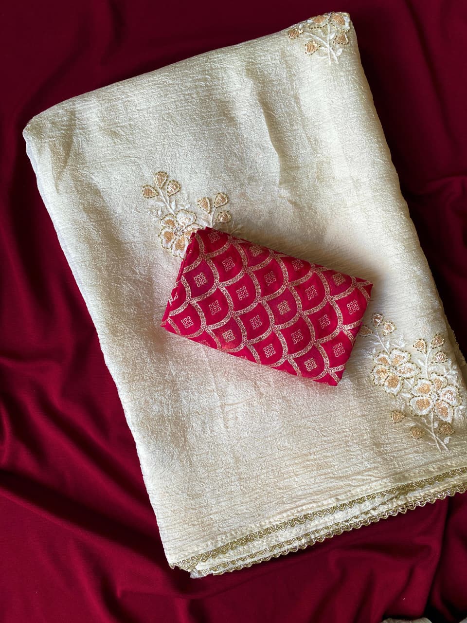 Luminous Off White Embroidery Work Crush Silk Saree With Splendorous B ...