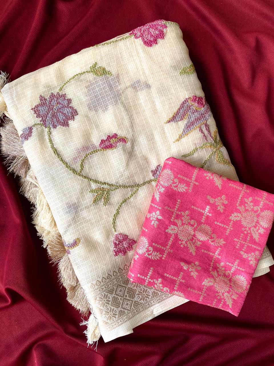 Denouement Off White Embroidery Work Kota Doria Saree With Entrancing Blouse Piece