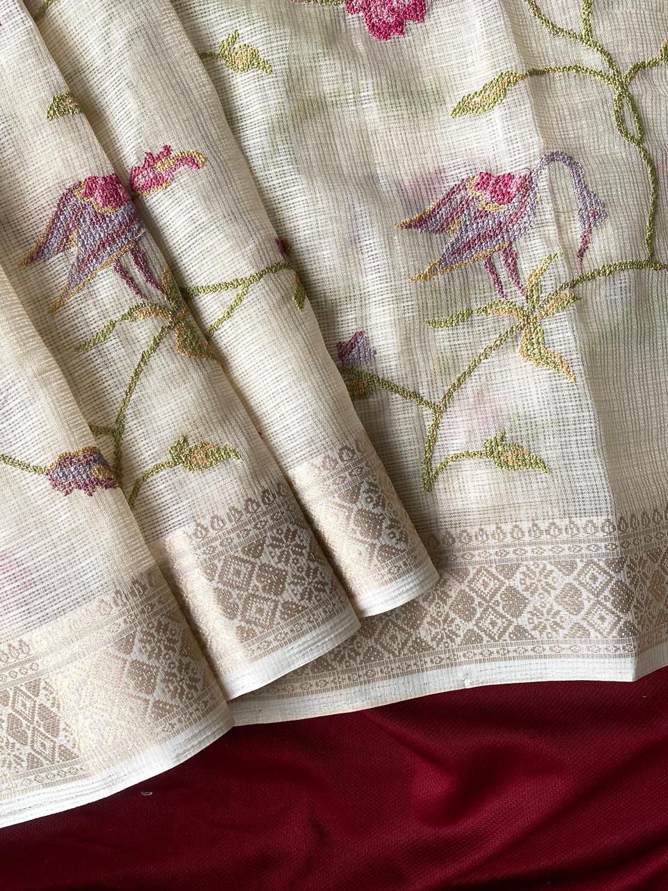 Denouement Off White Embroidery Work Kota Doria Saree With Entrancing Blouse Piece