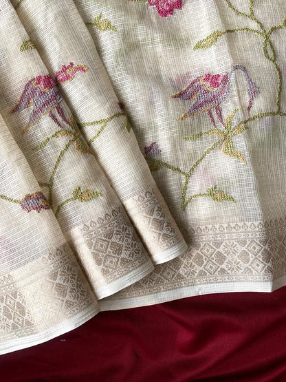 Denouement Off White Embroidery Work Kota Doria Saree With Entrancing Blouse Piece