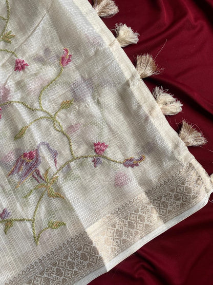 Denouement Off White Embroidery Work Kota Doria Saree With Entrancing Blouse Piece