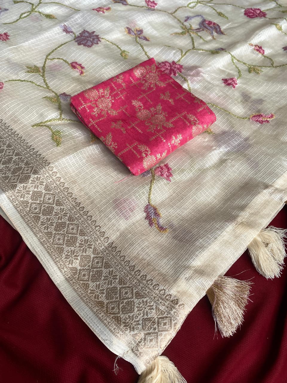 Denouement Off White Embroidery Work Kota Doria Saree With Entrancing Blouse Piece