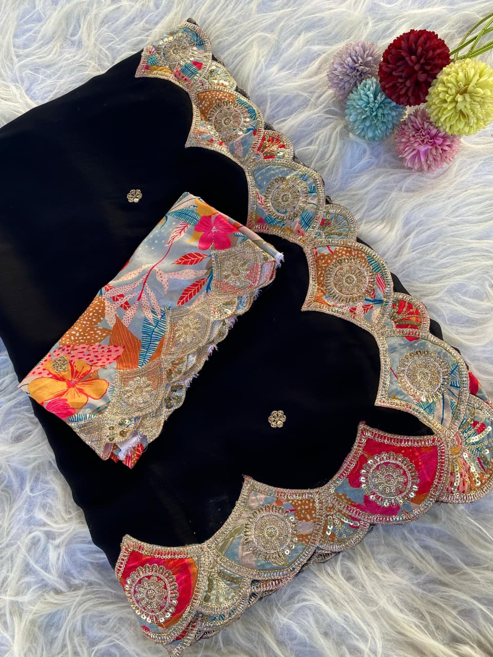 Divine Black Embroidery Work Pure Satin Georgette Saree With Diaphanous Blouse Piece