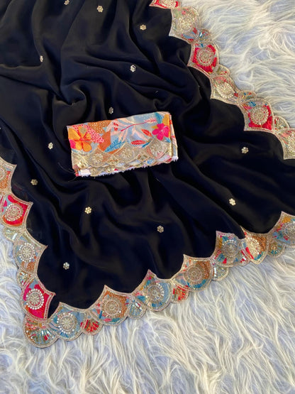 Divine Black Embroidery Work Pure Satin Georgette Saree With Diaphanous Blouse Piece