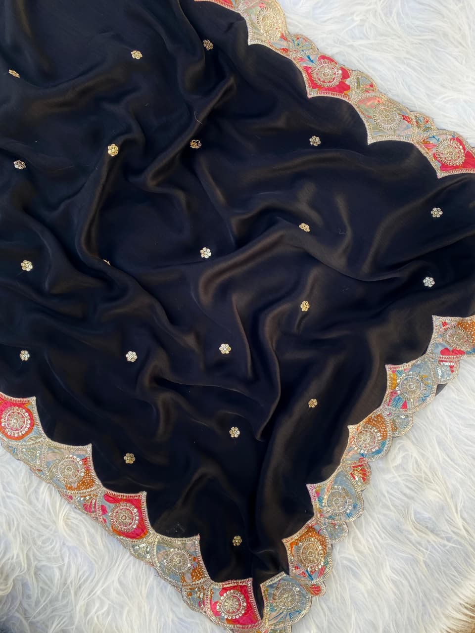 Divine Black Embroidery Work Pure Satin Georgette Saree With Diaphanous Blouse Piece