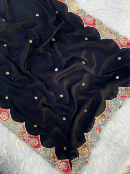 Divine Black Embroidery Work Pure Satin Georgette Saree With Diaphanous Blouse Piece