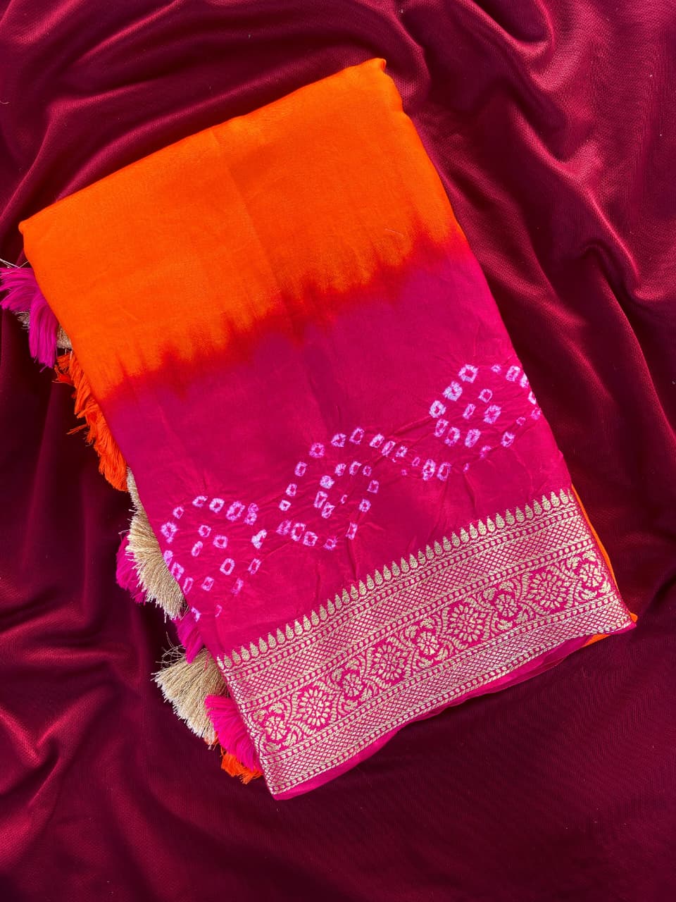 Fairytale Orange Pure Viscose Dola Silk Printed Bandhani Saree With Enigmatic Blouse Piece