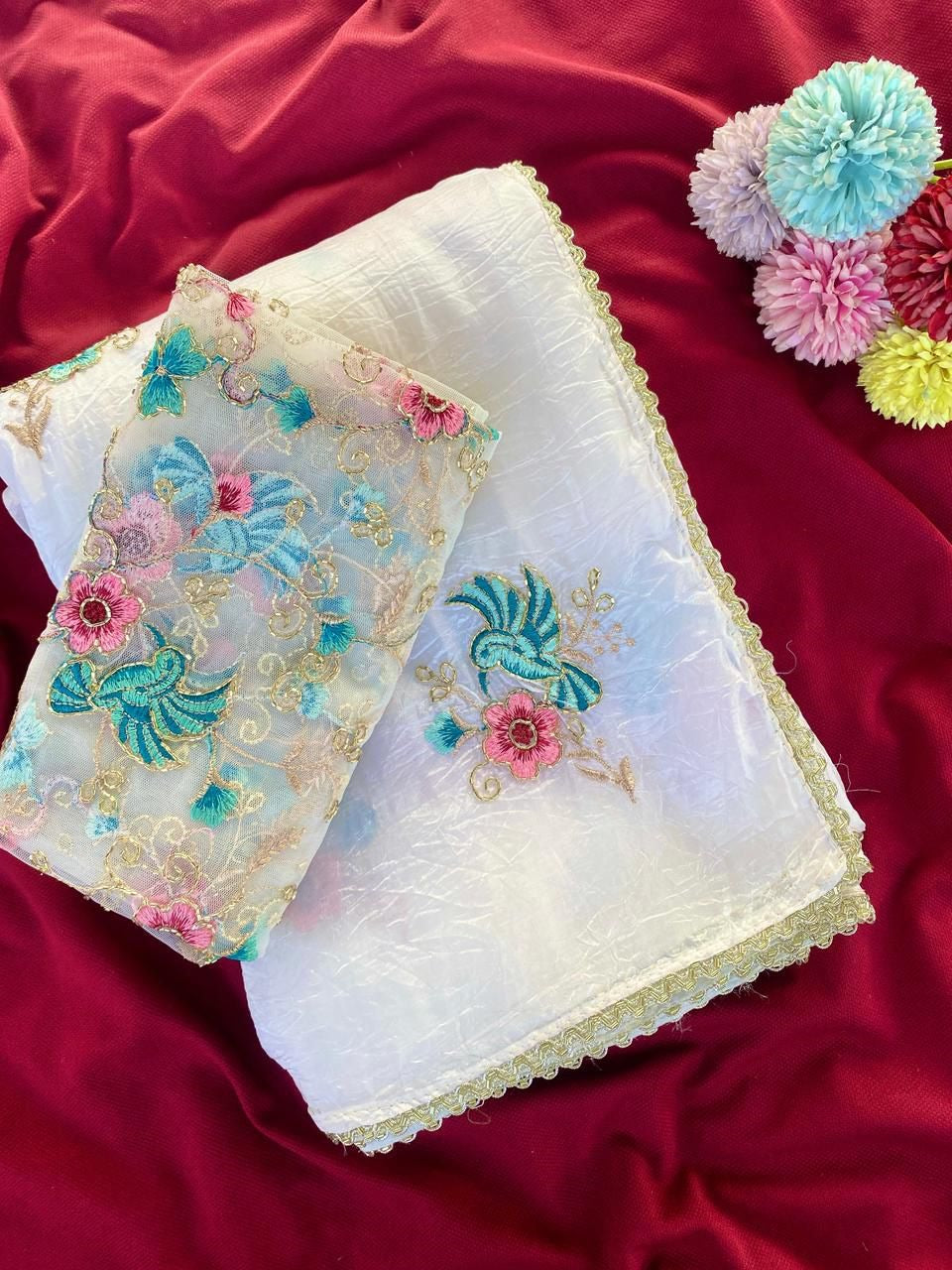 Evocative Off White Handwork Crush Organza Silk Saree With Verdant Blouse Piece