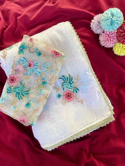 Evocative Off White Handwork Crush Organza Silk Saree With Verdant Blouse Piece
