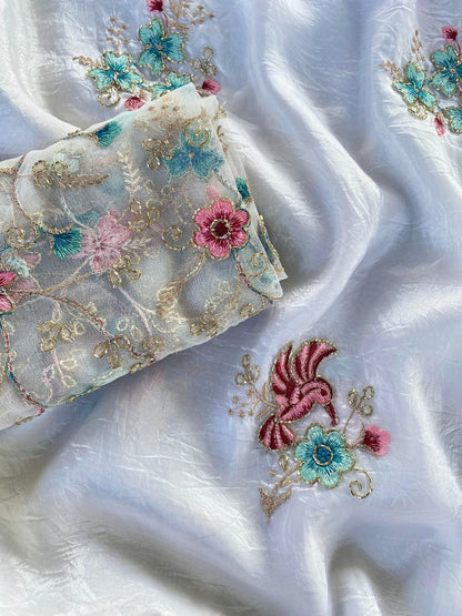 Evocative Off White Handwork Crush Organza Silk Saree With Verdant Blouse Piece