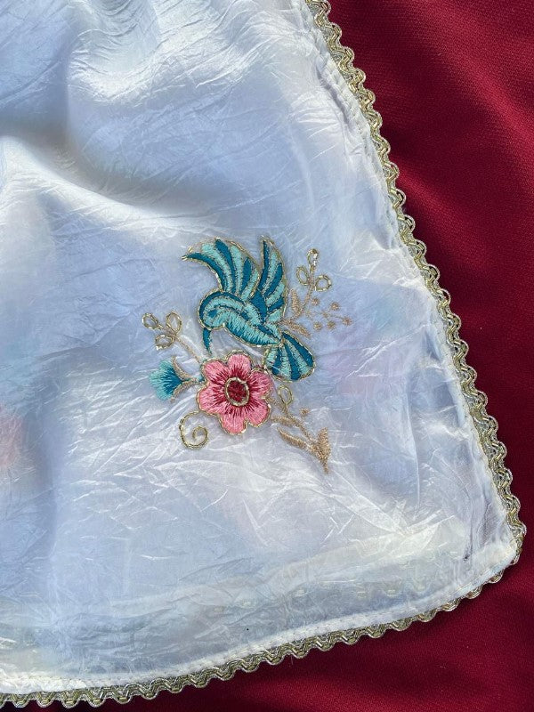 Evocative Off White Handwork Crush Organza Silk Saree With Verdant Blouse Piece