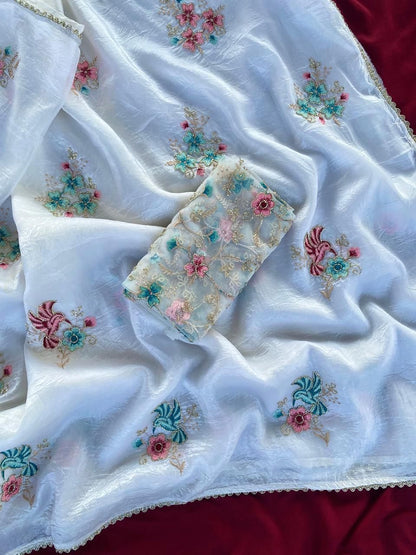 Evocative Off White Handwork Crush Organza Silk Saree With Verdant Blouse Piece