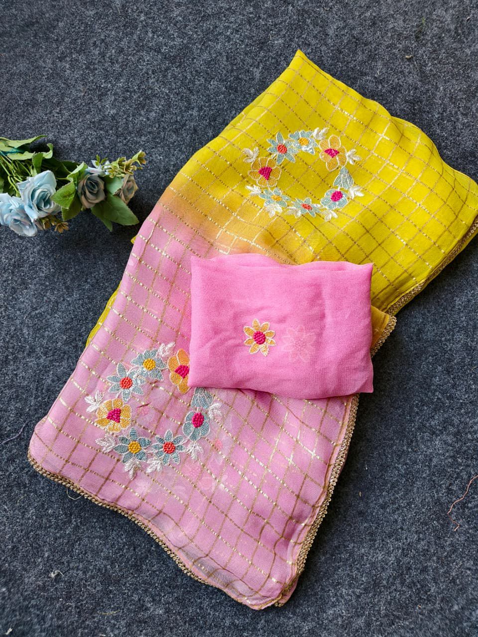 Prominent Yellow and Pink Embroidery Work Pure Georgette Saree With Palimpsest Blouse Piece