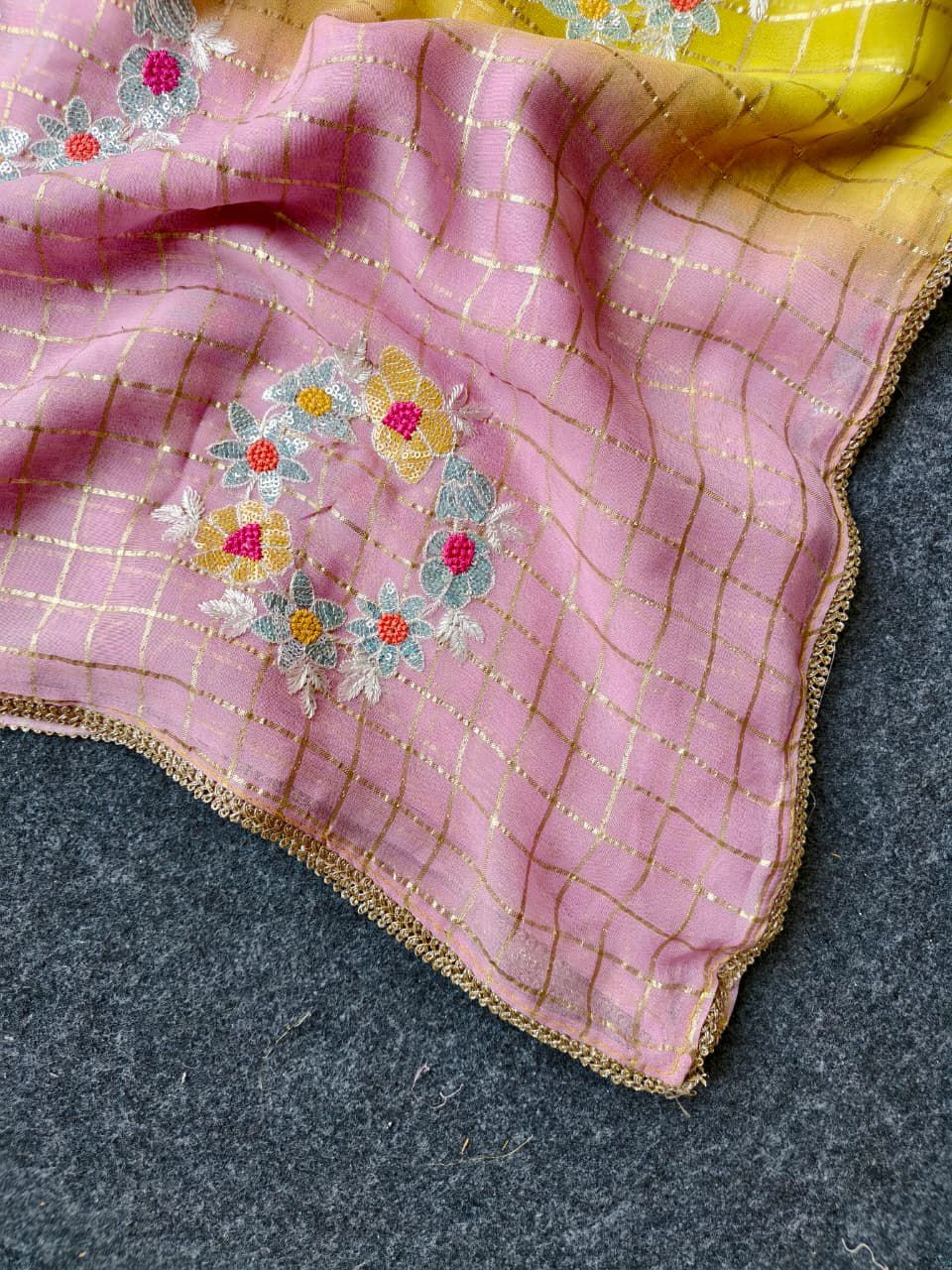 Prominent Yellow and Pink Embroidery Work Pure Georgette Saree With Palimpsest Blouse Piece