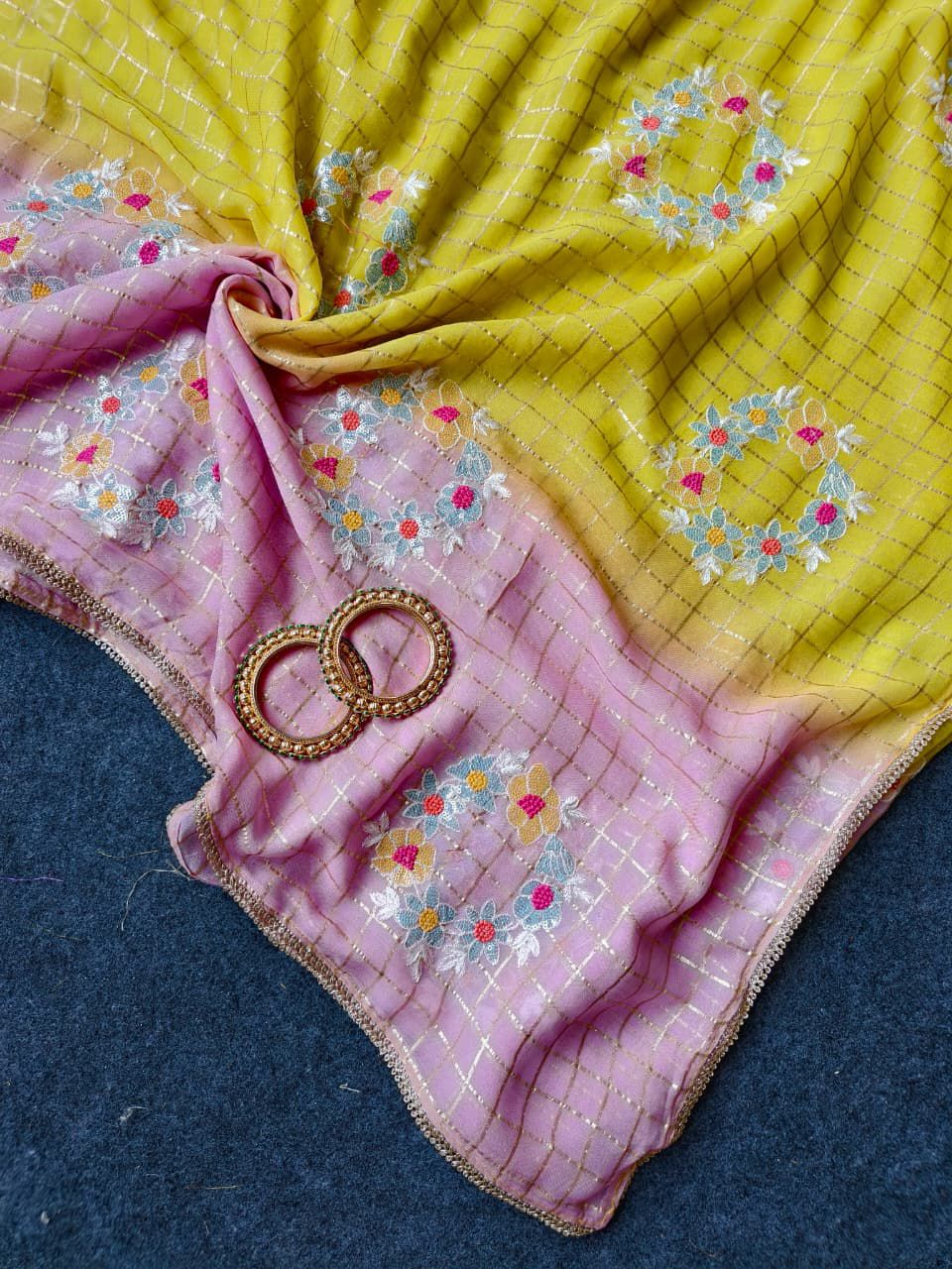 Prominent Yellow and Pink Embroidery Work Pure Georgette Saree With Palimpsest Blouse Piece