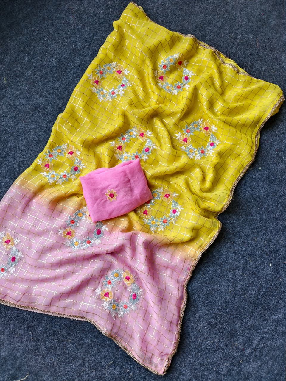 Prominent Yellow and Pink Embroidery Work Pure Georgette Saree With Palimpsest Blouse Piece
