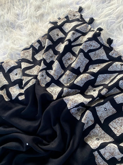 Luminous Black Printed Linen Silk Saree With Snappy Blouse Piece