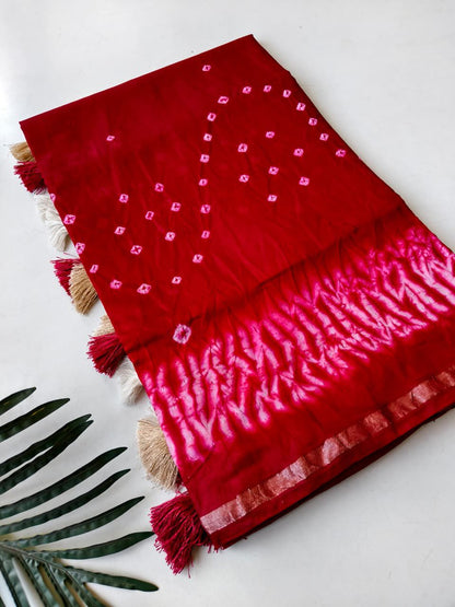 Glorious Dark Pink Cotton Silk Bandhani Printed Saree With Splendorous Blouse Piece