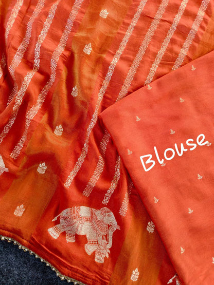 Sizzling Orange Banarasi Georgette Silk Saree With Jubilant Blouse Piece