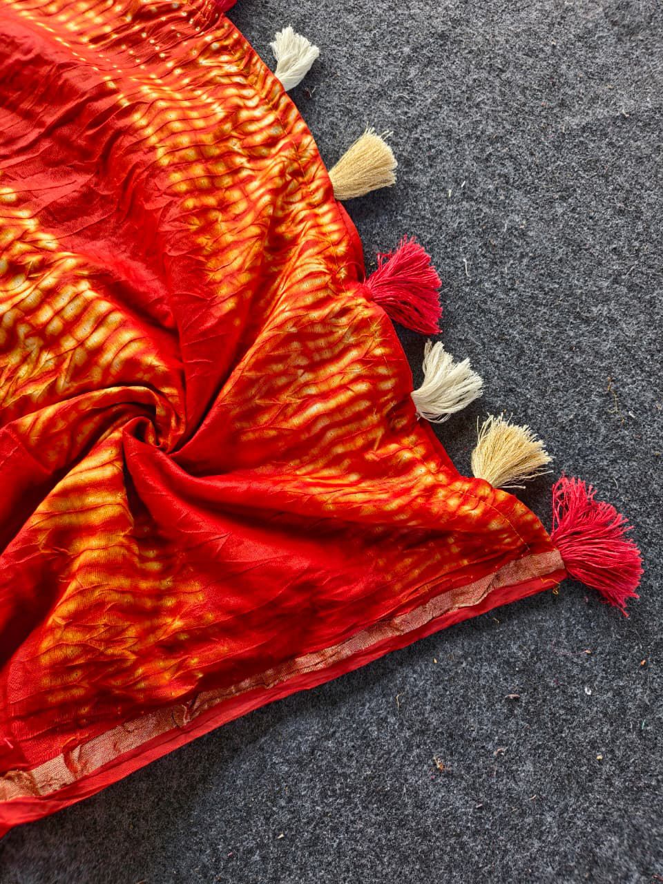Symmetrical Red Cotton Silk Bandhani Printed Saree With Dalliance Blouse Piece