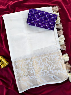 Sempiternal Off White Embroidery Work Kota Doriya Silk Saree With Girlish Blouse Piece