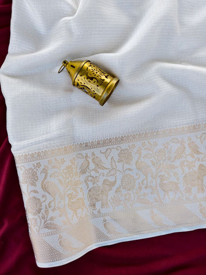 Preferable Off White Embroidery Work Kota Doriya Silk Saree With Dalliance Blouse Piece