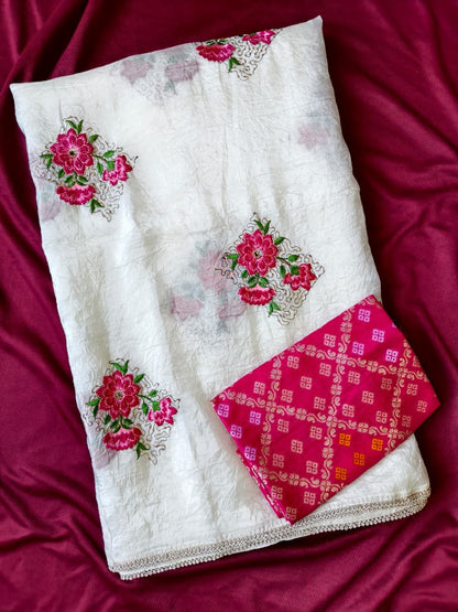 Sumptuous Off White Embroidery Work Crush Silk Saree With Intricate Blouse Piece