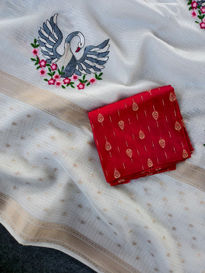 Ethnic Off White Embroidery Work Kota Doriya Silk Saree With Deserving Blouse Piece