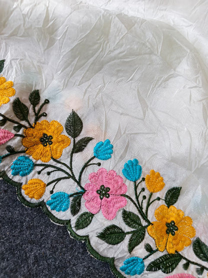Mellifluous Off White Embroidery Work Crush Silk Saree With Ailurophile Blouse Piece