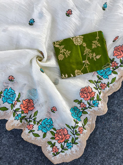 Symmetrical Off White Embroidery Work Crush Silk Saree With Cynosure Blouse Piece