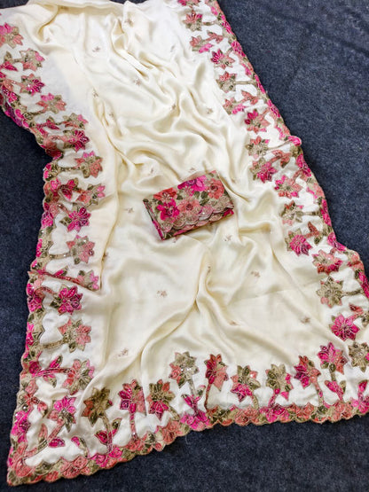 Flamboyant Off White Embroidery Work Georgette Saree With Imaginative Blouse Piece