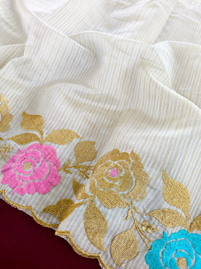 Moiety Off White Embroidery Work Tussar Silk Saree With Demure Blouse Piece