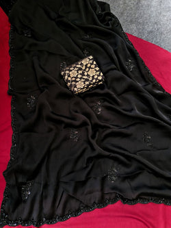 Outstanding Black Hand Work Satin Silk Saree With Ebullience Blouse Piece