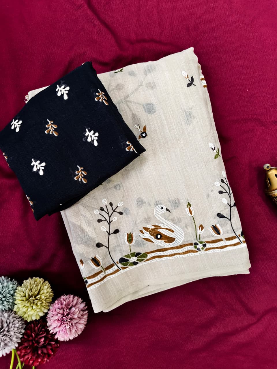 Scrupulous Beige Hand Printed Linen Silk Mirror Work Saree With Fugacious Blouse Piece
