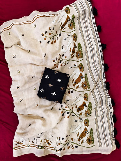 Scrupulous Beige Hand Printed Linen Silk Mirror Work Saree With Fugacious Blouse Piece