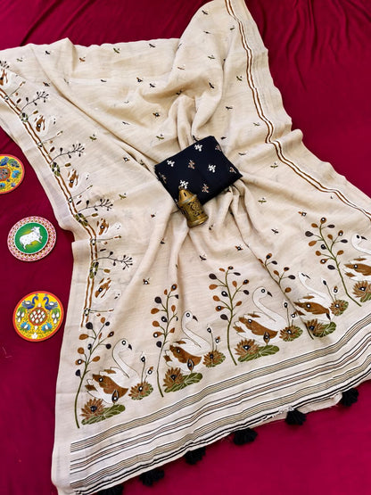 Scrupulous Beige Hand Printed Linen Silk Mirror Work Saree With Fugacious Blouse Piece