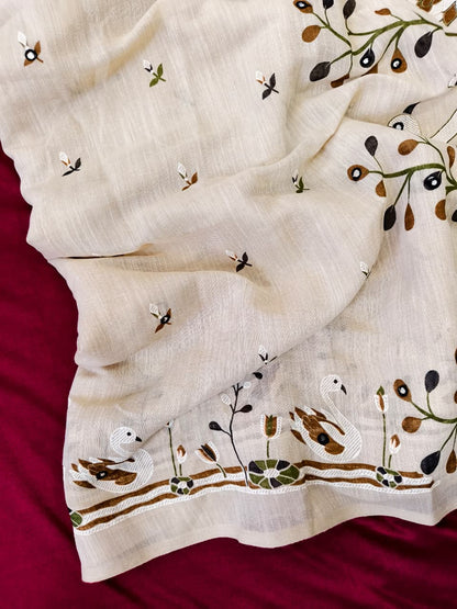 Scrupulous Beige Hand Printed Linen Silk Mirror Work Saree With Fugacious Blouse Piece