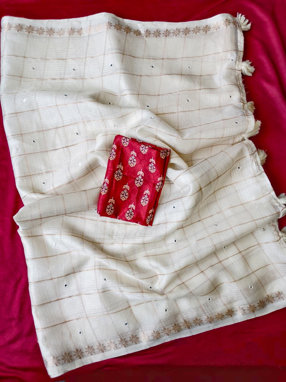 Exquisite Off White Kota Doriya Mirror Work Saree With Enchanting Blouse Piece