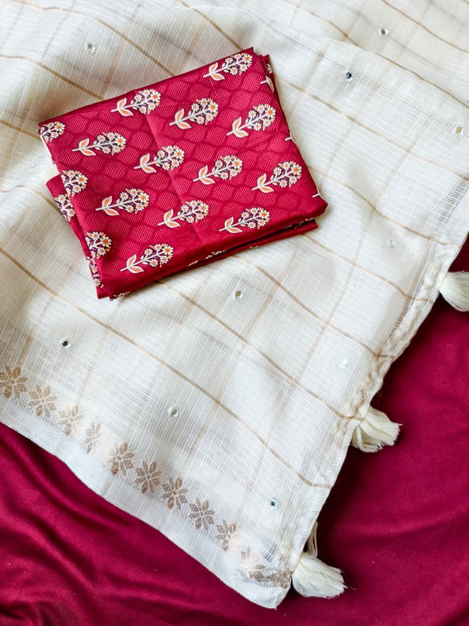 Exquisite Off White Kota Doriya Mirror Work Saree With Enchanting Blouse Piece