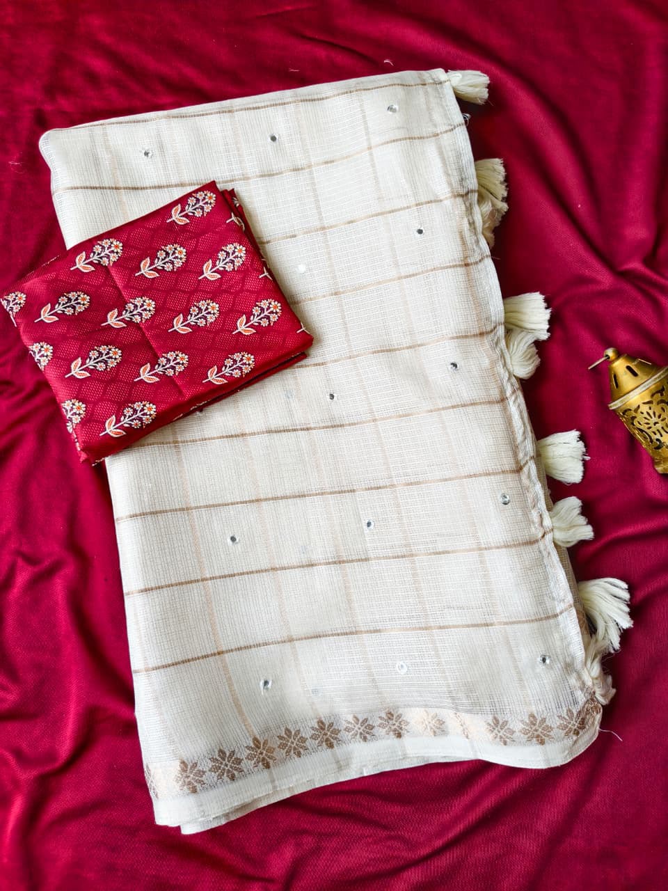 Exquisite Off White Kota Doriya Mirror Work Saree With Enchanting Blouse Piece