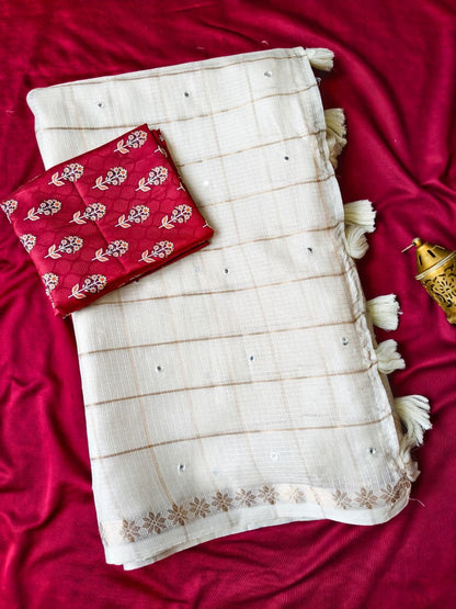 Exquisite Off White Kota Doriya Mirror Work Saree With Enchanting Blouse Piece