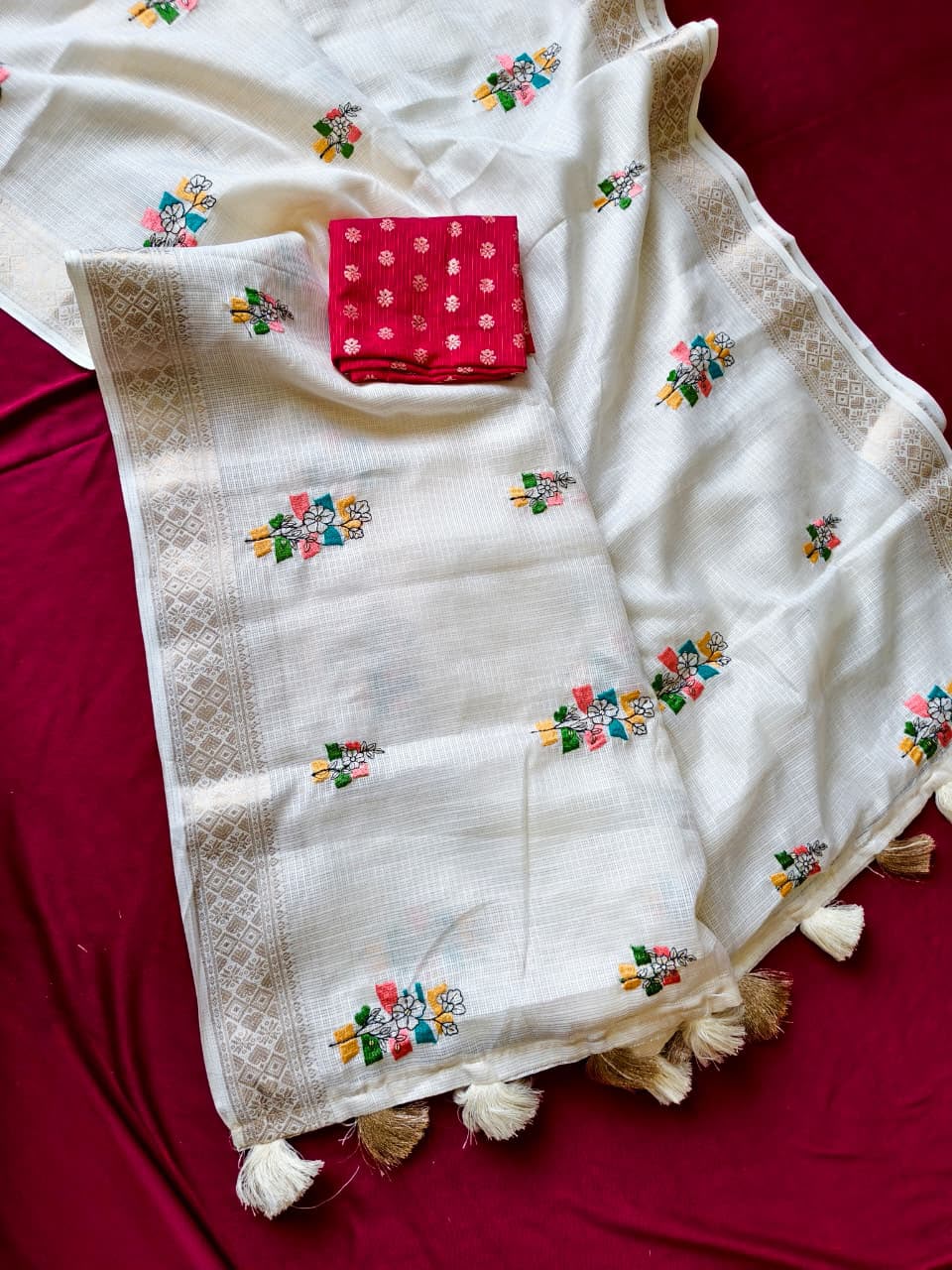 Demanding Off White Embroidery Work Kota Doriya Silk Saree With Inspiring Blouse Piece