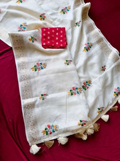 Demanding Off White Embroidery Work Kota Doriya Silk Saree With Inspiring Blouse Piece